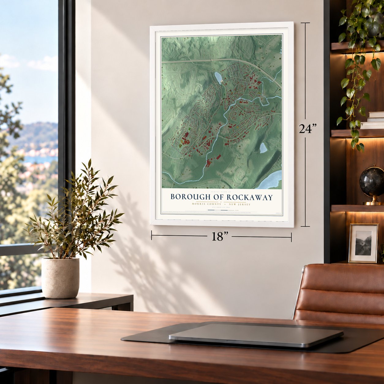 Borough of Rockaway, Morris County, New Jersey map, 18 x 24 inch print in a white frame in a home office
