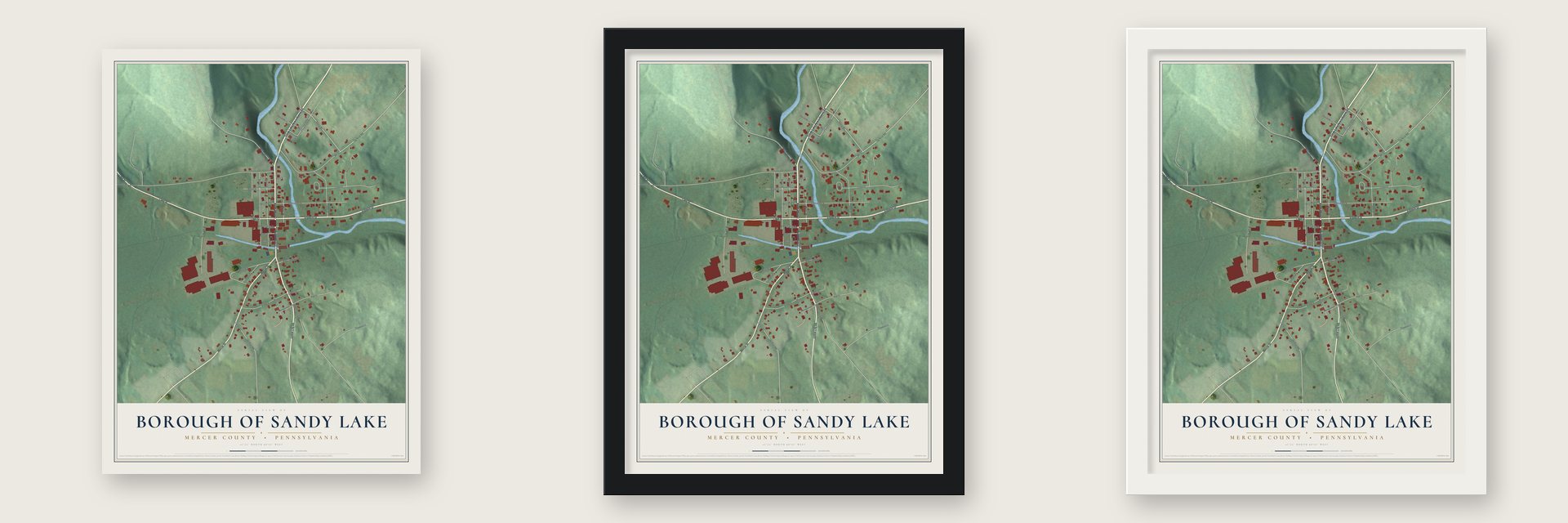 Borough of Sandy Lake, Mercer County, Pennsylvania map unframed, in a black wood frame and in a white wood frame