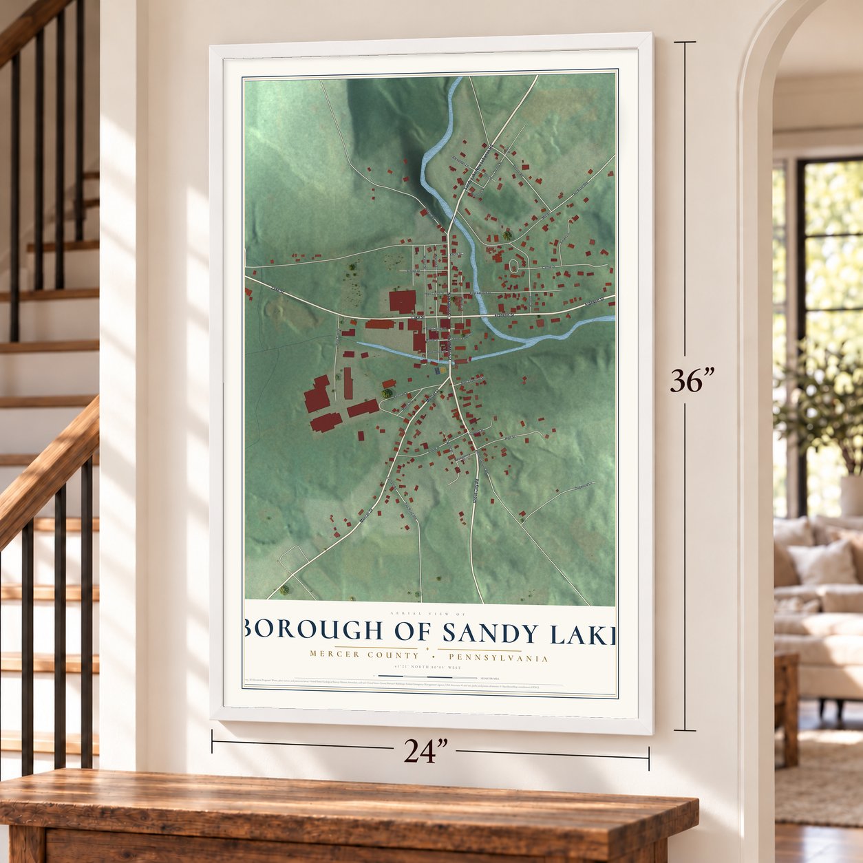 Borough of Sandy Lake, Mercer County, Pennsylvania map, 24 x 36 inch print in a white frame by a staircase