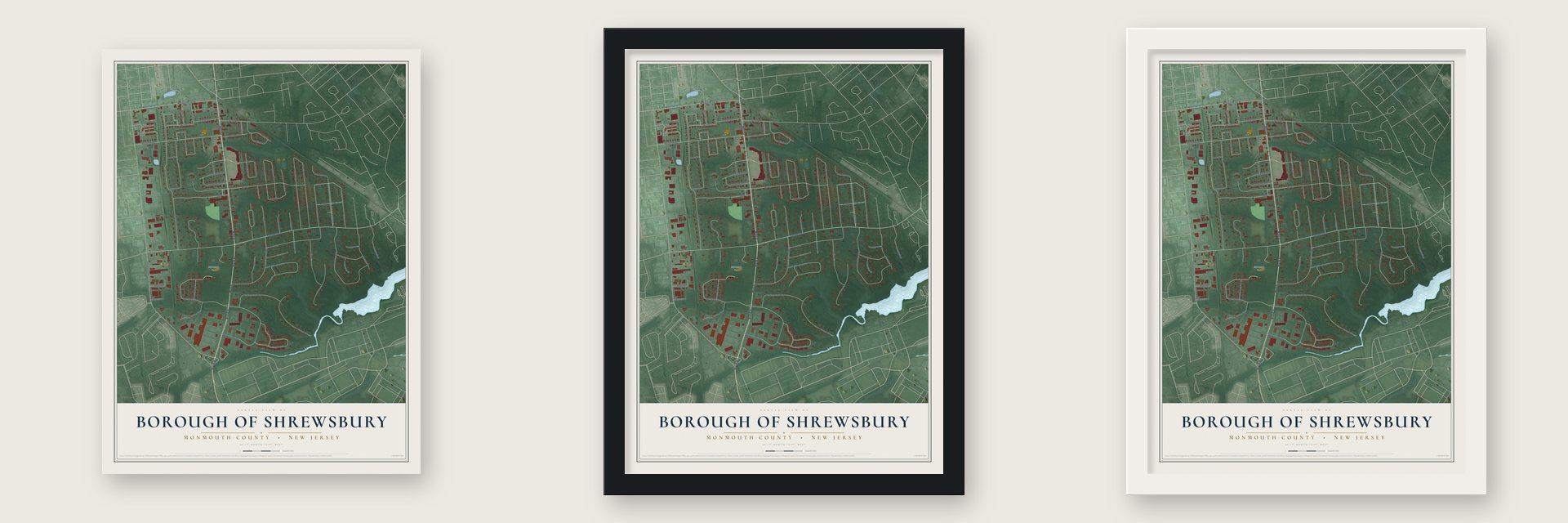 Borough of Shrewsbury, Monmouth County, New Jersey map unframed, in a black wood frame and in a white wood frame