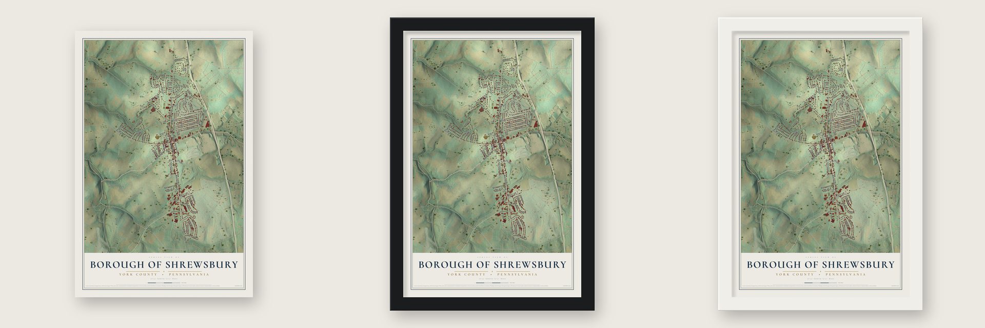 Borough of Shrewsbury, York County, Pennsylvania map unframed, in a black wood frame and in a white wood frame
