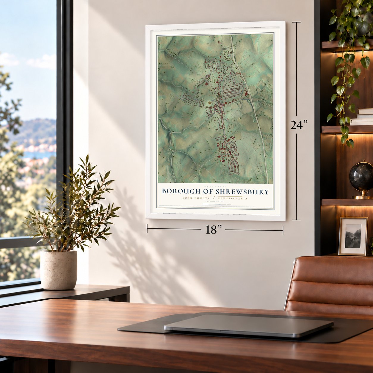 Borough of Shrewsbury, York County, Pennsylvania map, 18 x 24 inch print in a white frame in a home office