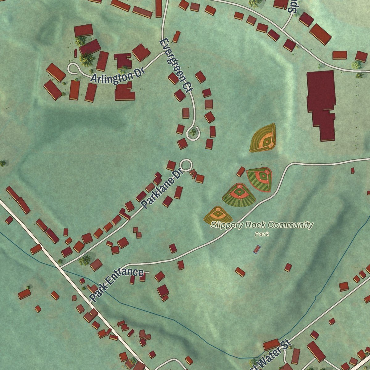 Second close-up of the map of the Borough of Slippery Rock, Butler County, Pennsylvania print showing more streets and buildings