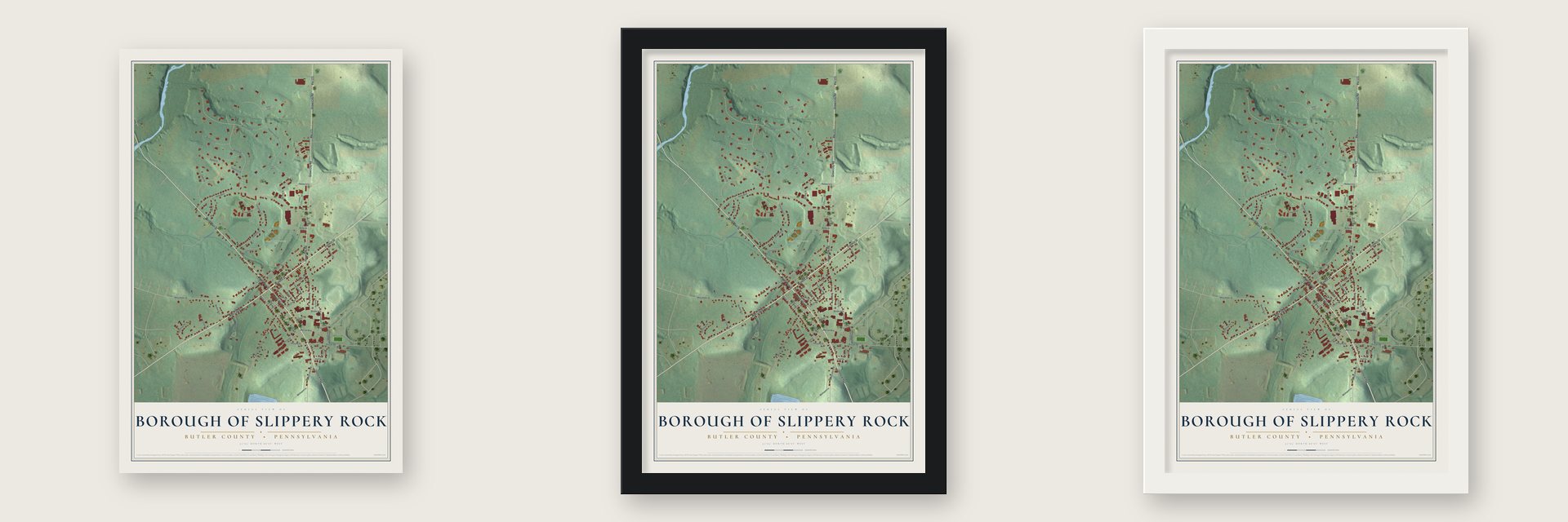 Borough of Slippery Rock, Butler County, Pennsylvania map unframed, in a black wood frame and in a white wood frame