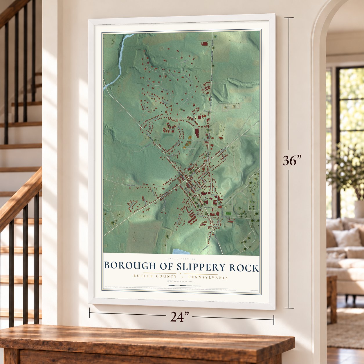 Borough of Slippery Rock, Butler County, Pennsylvania map, 24 x 36 inch print in a white frame by a staircase
