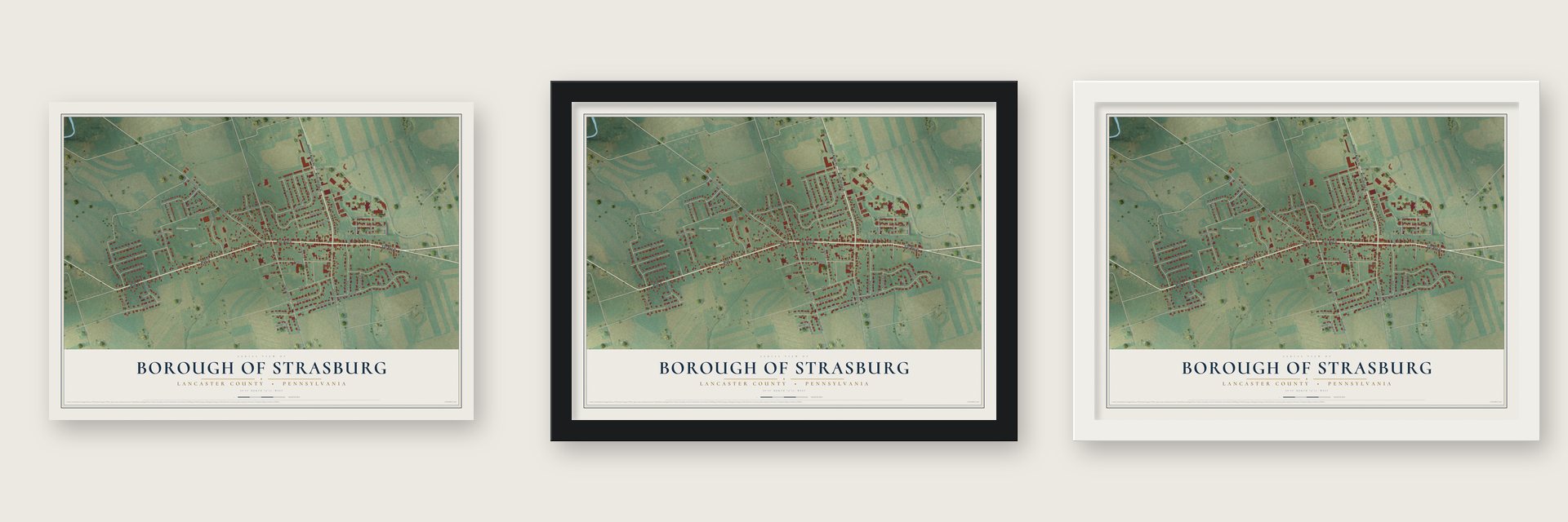 Borough of Strasburg, Lancaster County, Pennsylvania map unframed, in a black wood frame and in a white wood frame