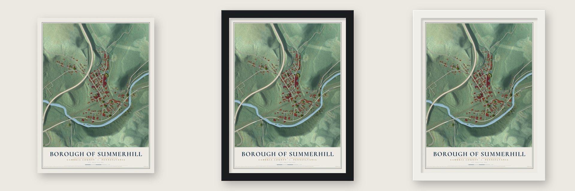 Borough of Summerhill, Cambria County, Pennsylvania map unframed, in a black wood frame and in a white wood frame