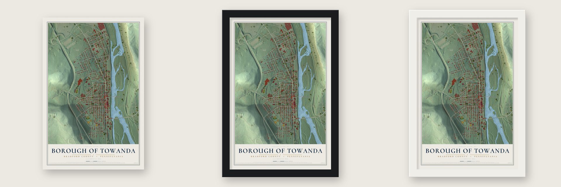 Borough of Towanda, Bradford County, Pennsylvania map unframed, in a black wood frame and in a white wood frame