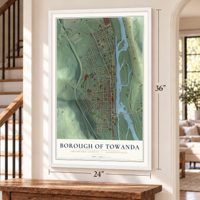Borough of Towanda, Bradford County, Pennsylvania map, 24 x 36 inch print in a white frame by a staircase