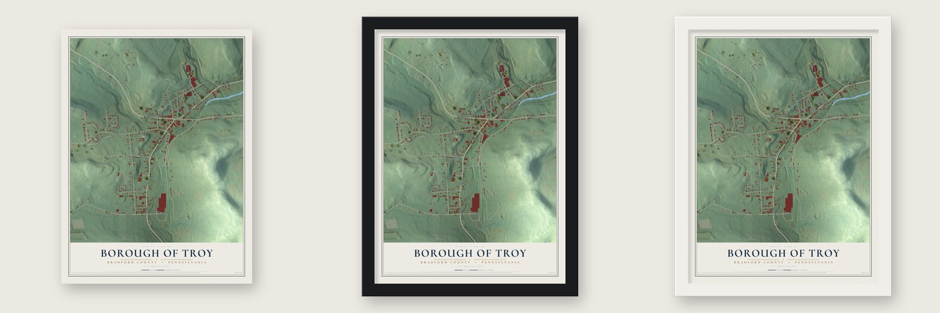 Borough of Troy, Bradford County, Pennsylvania map unframed, in a black wood frame and in a white wood frame