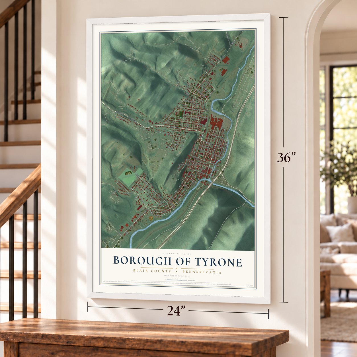 Borough of Tyrone, Blair County, Pennsylvania map, 24 x 36 inch print in a white frame by a staircase