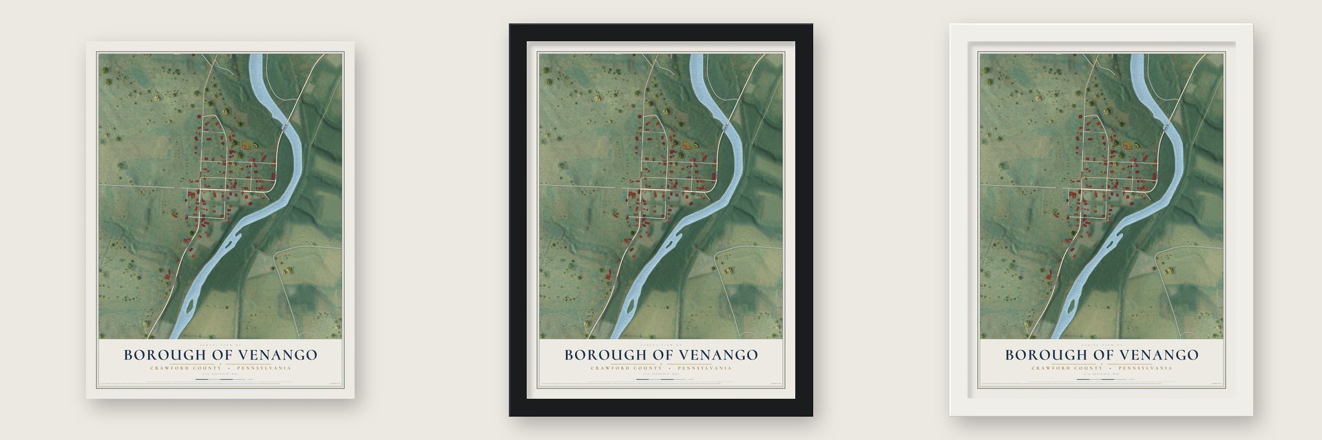 Borough of Venango, Crawford County, Pennsylvania map unframed, in a black wood frame and in a white wood frame