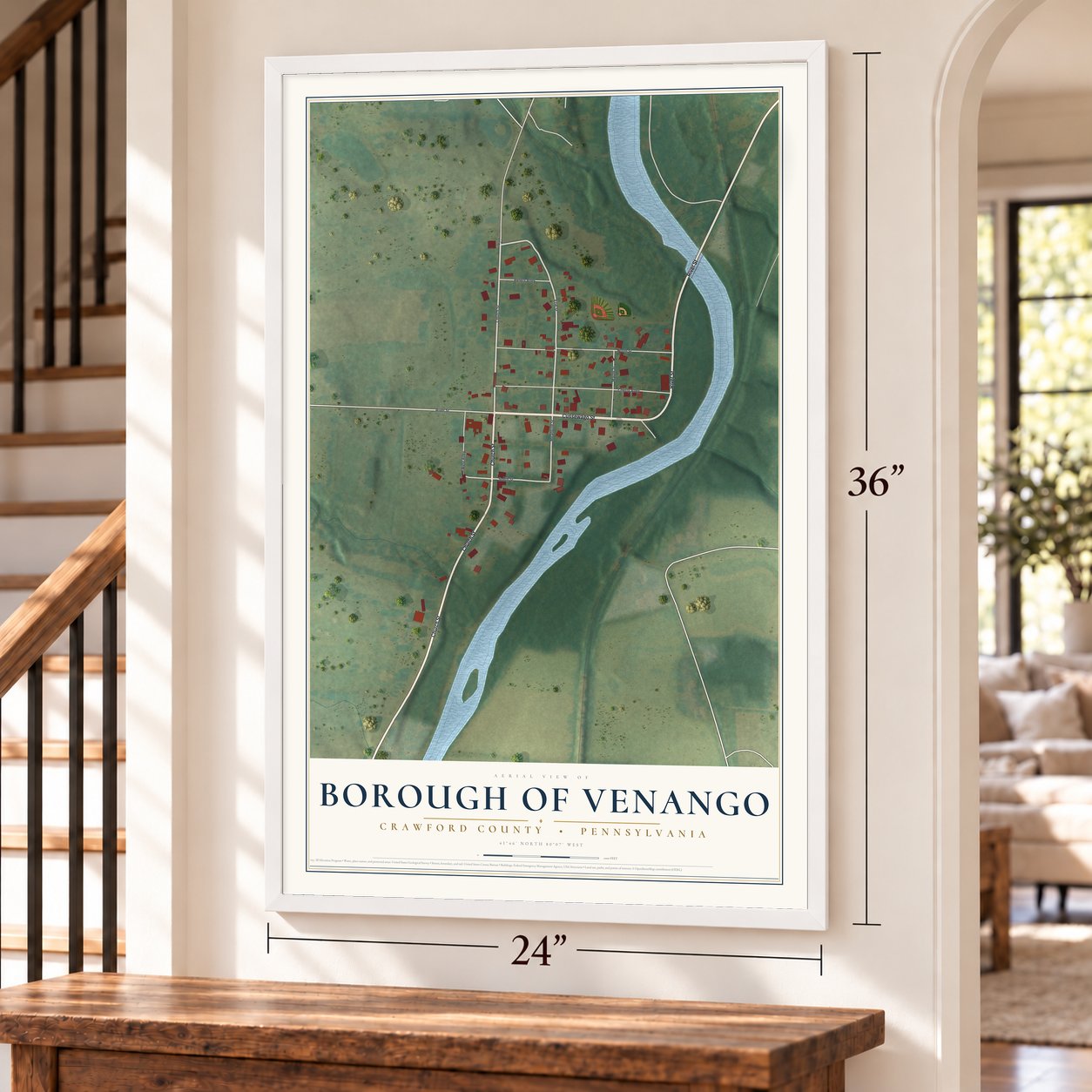 Borough of Venango, Crawford County, Pennsylvania map, 24 x 36 inch print in a white frame by a staircase
