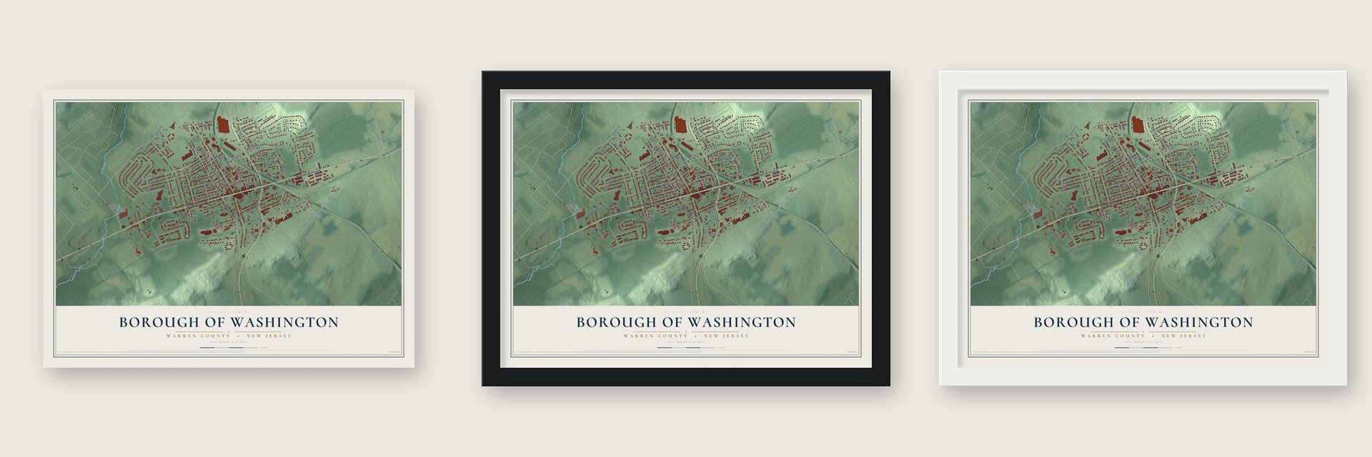 Borough of Washington, Warren County, New Jersey map unframed, in a black wood frame and in a white wood frame