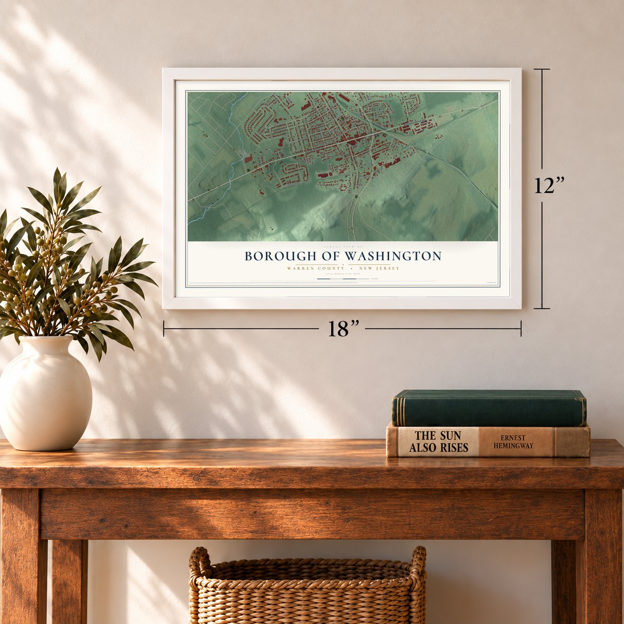 Borough of Washington, Warren County, New Jersey map, 12 x 18 inch print in a white frame in an entryway
