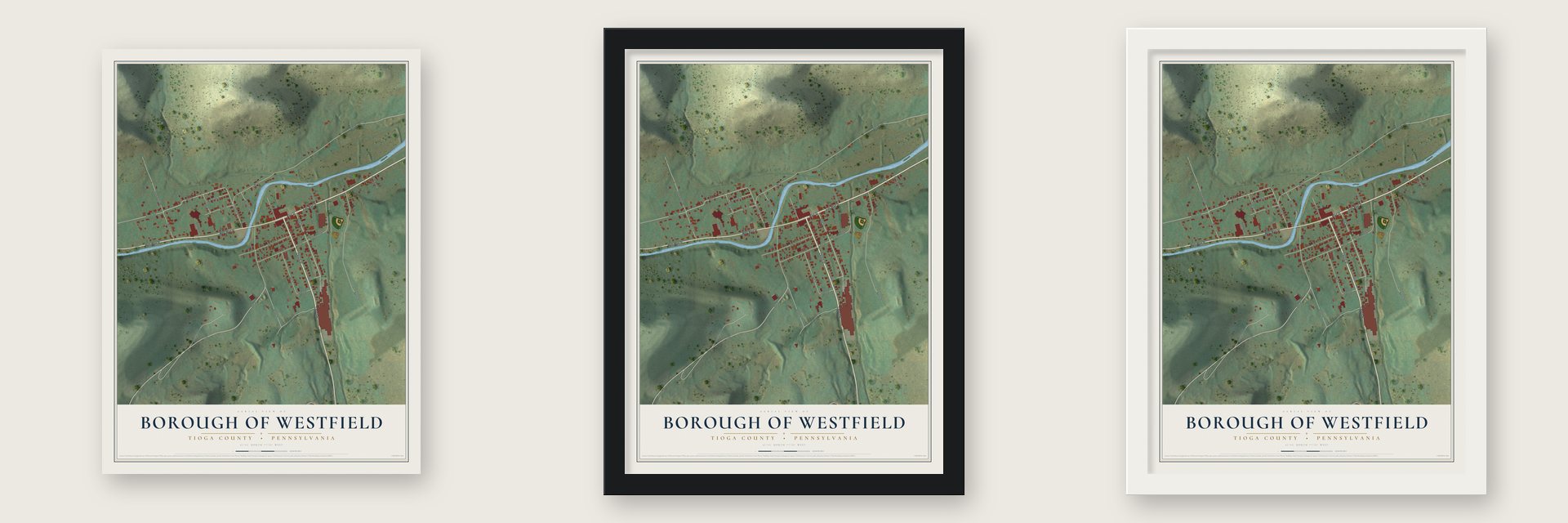 Borough of Westfield, Tioga County, Pennsylvania map unframed, in a black wood frame and in a white wood frame