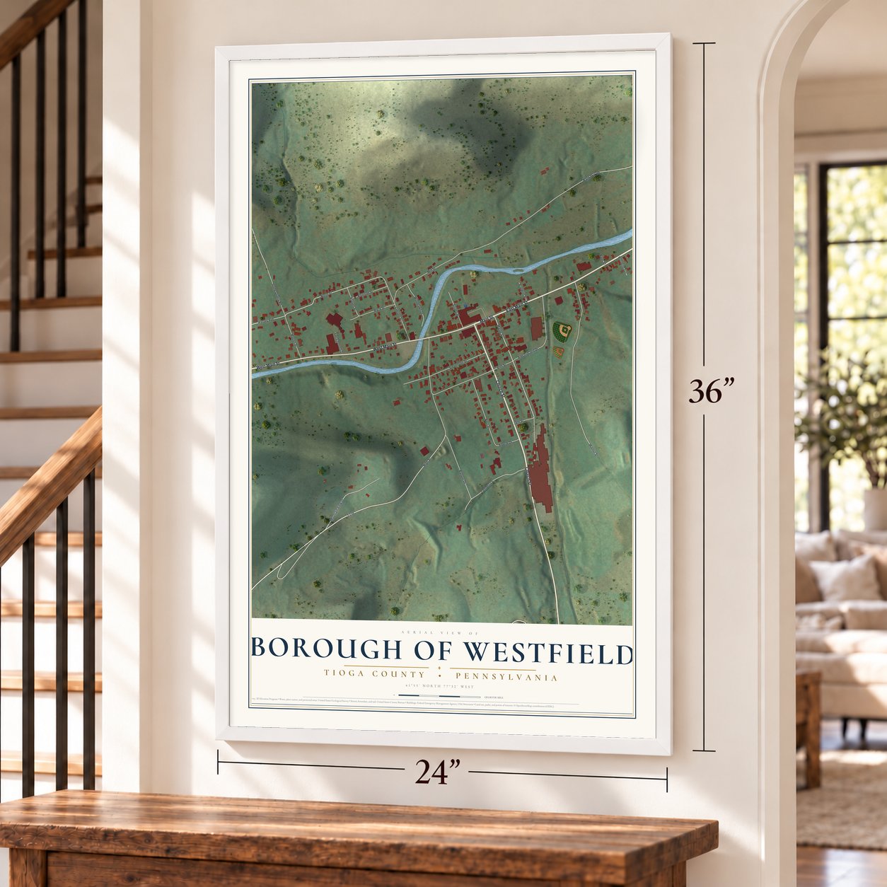 Borough of Westfield, Tioga County, Pennsylvania map, 24 x 36 inch print in a white frame by a staircase
