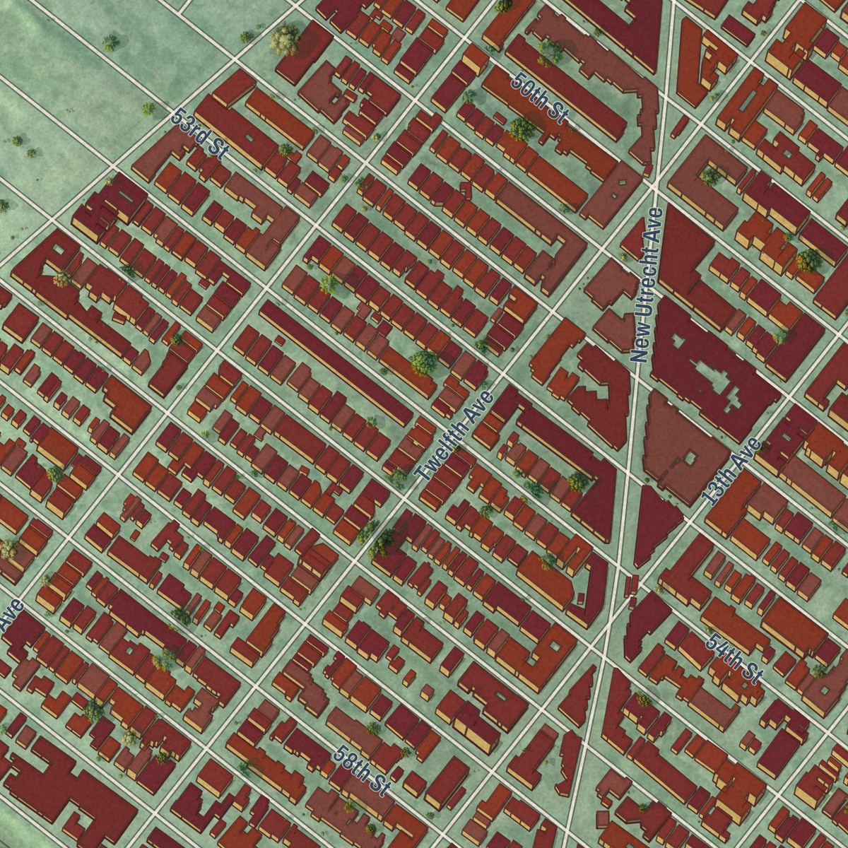 Second close-up of the map of Borough Park, New York print showing more streets and buildings