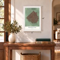 Borough Park, New York map, 12 x 18 inch print in a white frame in an entryway