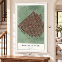 Borough Park, New York map, 24 x 36 inch print in a white frame by a staircase