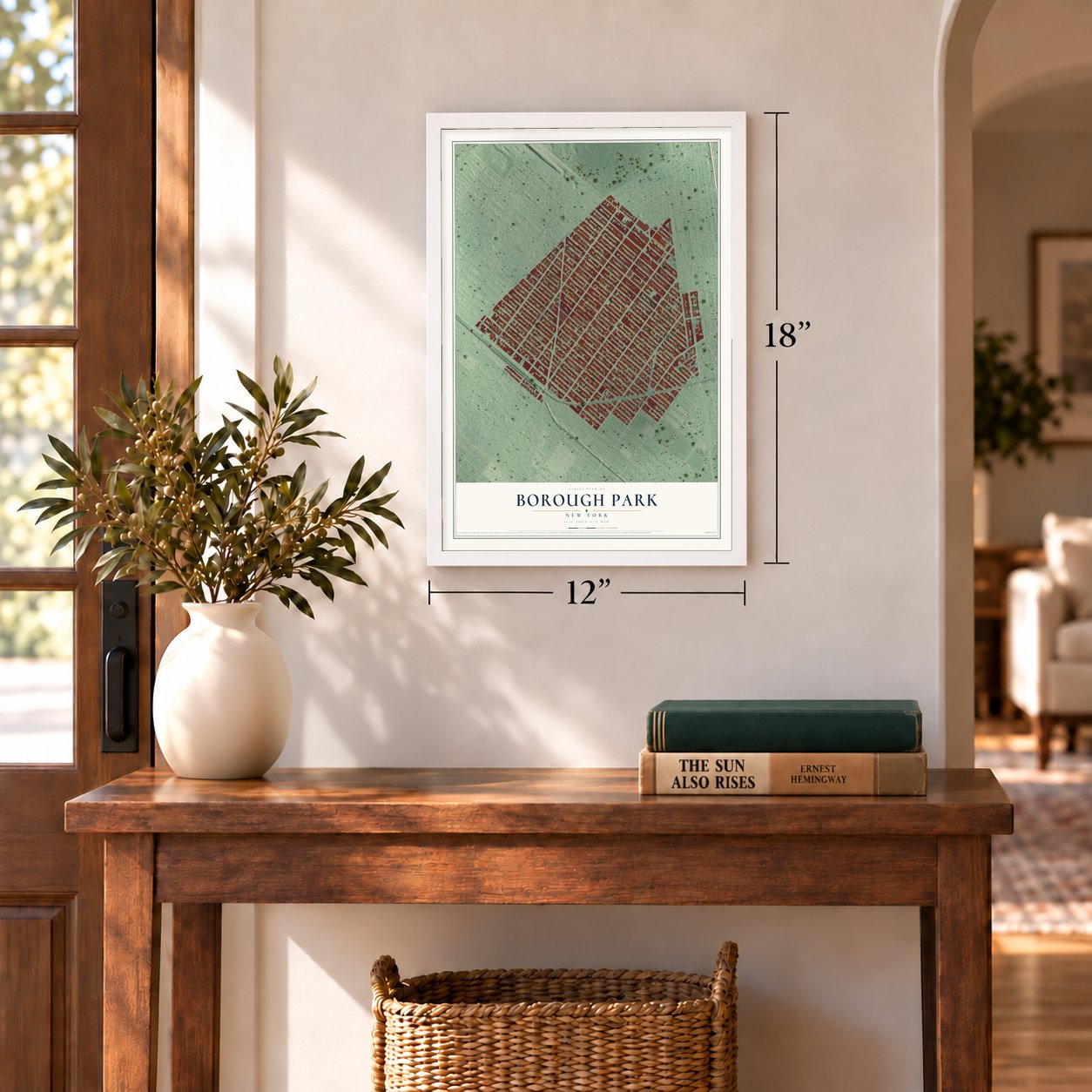 Borough Park, New York map, 12 x 18 inch print in a white frame in an entryway