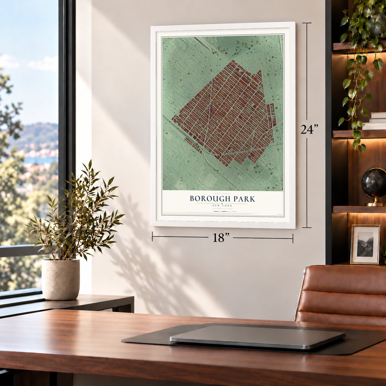 Borough Park, New York map, 18 x 24 inch print in a white frame in a home office