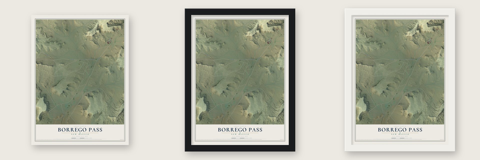 Borrego Pass, New Mexico map unframed, in a black wood frame and in a white wood frame