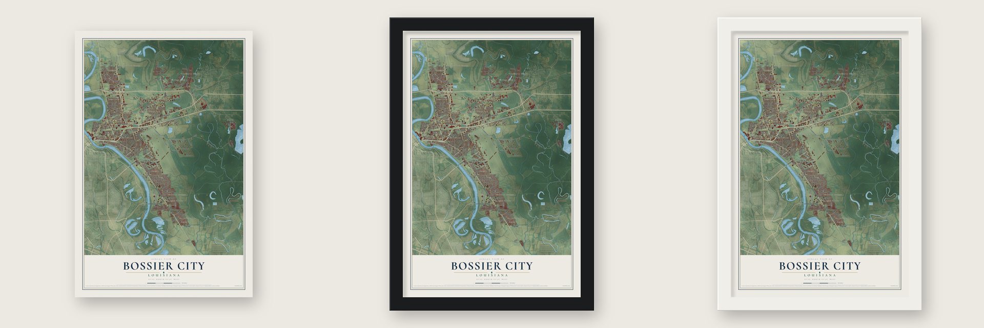 Bossier City, Louisiana map unframed, in a black wood frame and in a white wood frame