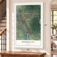 Bossier City, Louisiana map, 24 x 36 inch print in a white frame by a staircase