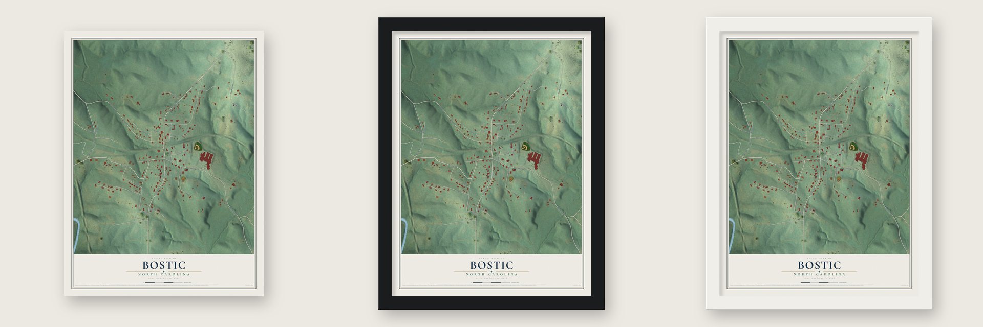 Bostic, North Carolina map unframed, in a black wood frame and in a white wood frame
