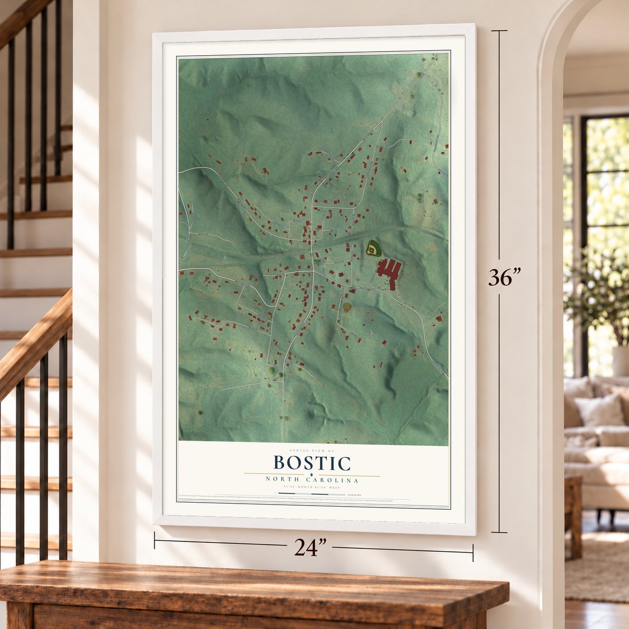 Bostic, North Carolina map, 24 x 36 inch print in a white frame by a staircase