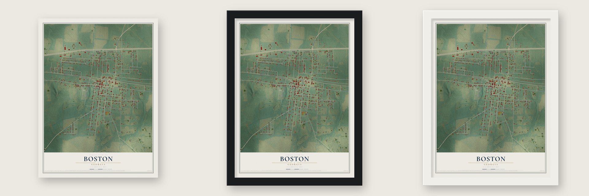 Boston, Georgia map unframed, in a black wood frame and in a white wood frame