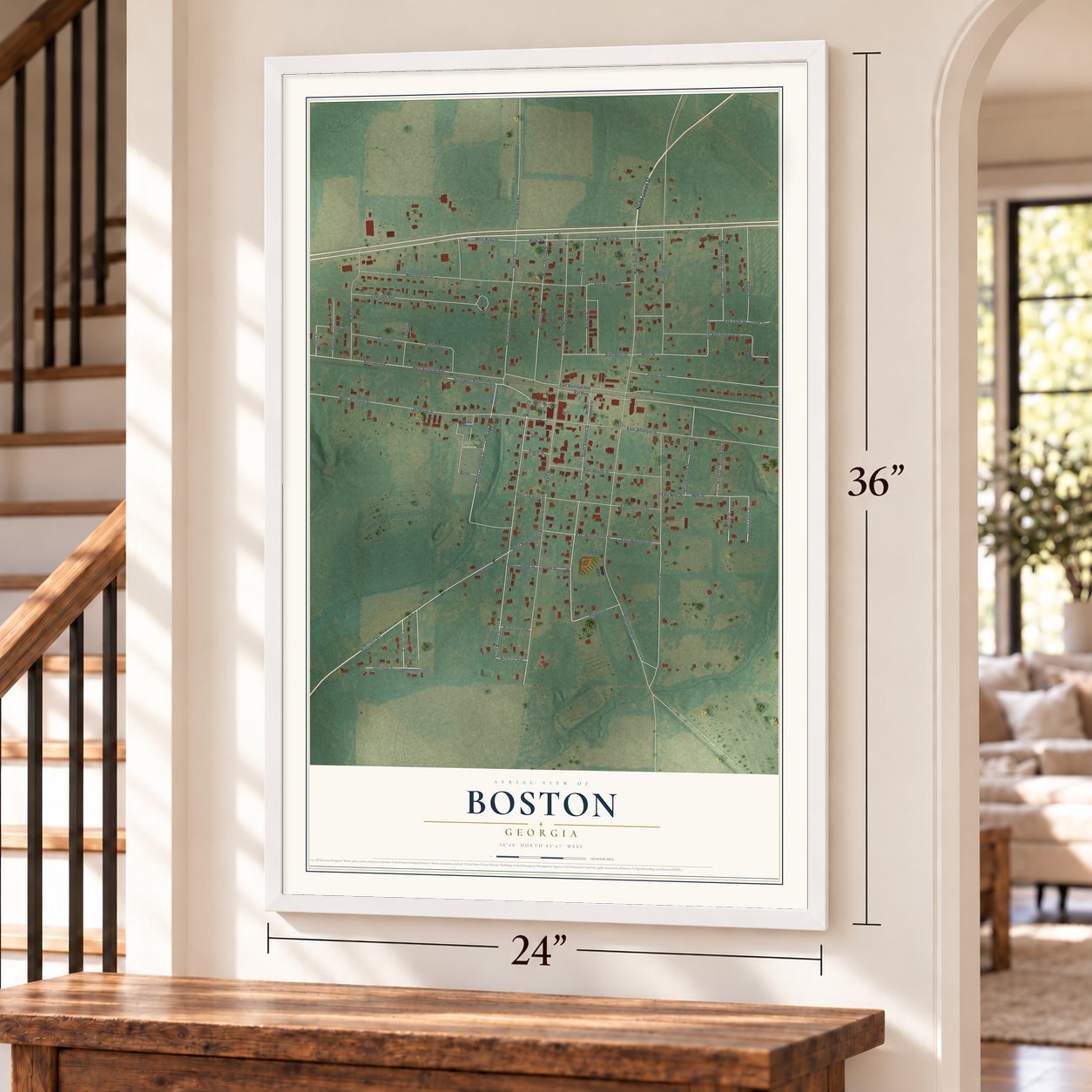 Boston, Georgia map, 24 x 36 inch print in a white frame by a staircase