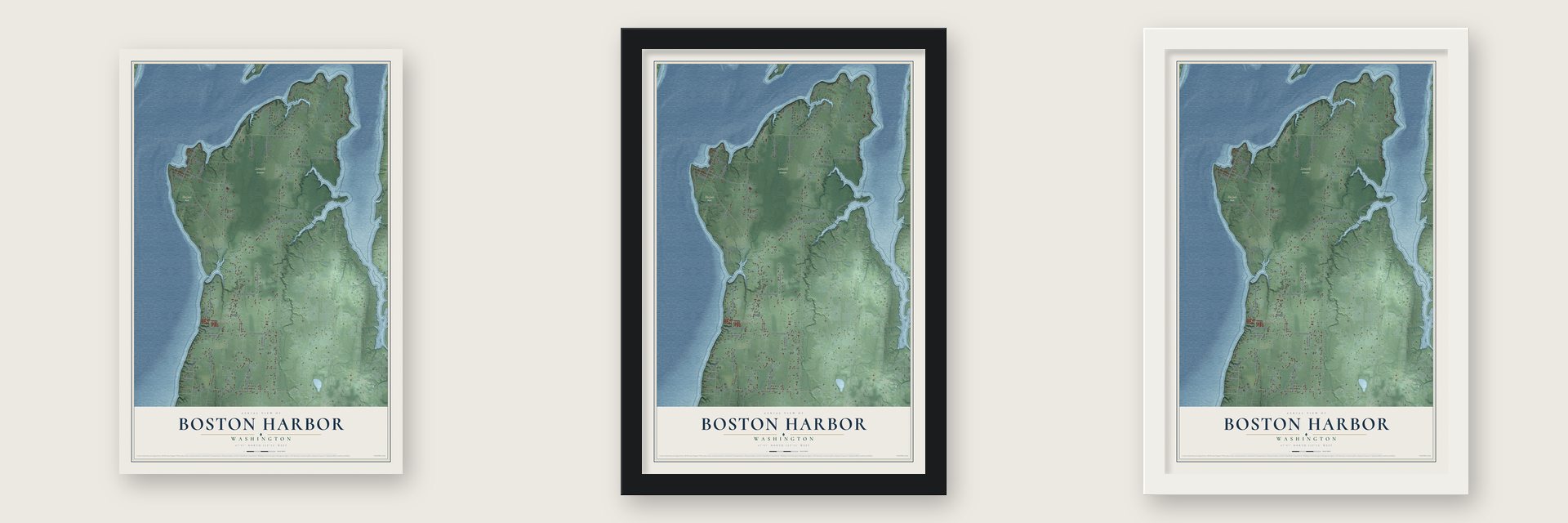 Boston Harbor, Washington map unframed, in a black wood frame and in a white wood frame