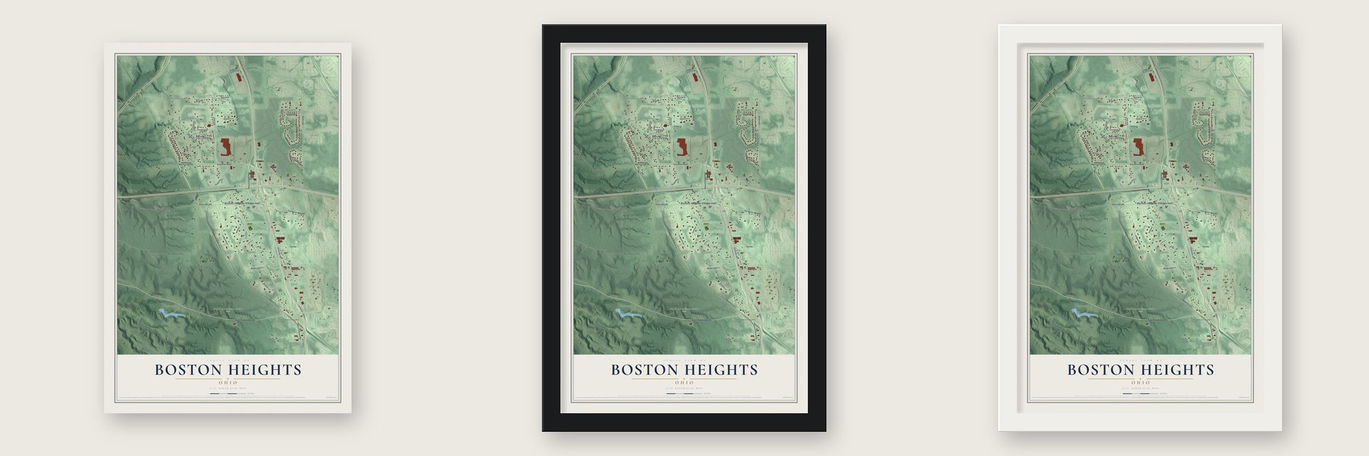Boston Heights, Ohio map unframed, in a black wood frame and in a white wood frame