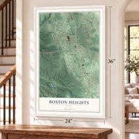 Boston Heights, Ohio map, 24 x 36 inch print in a white frame by a staircase