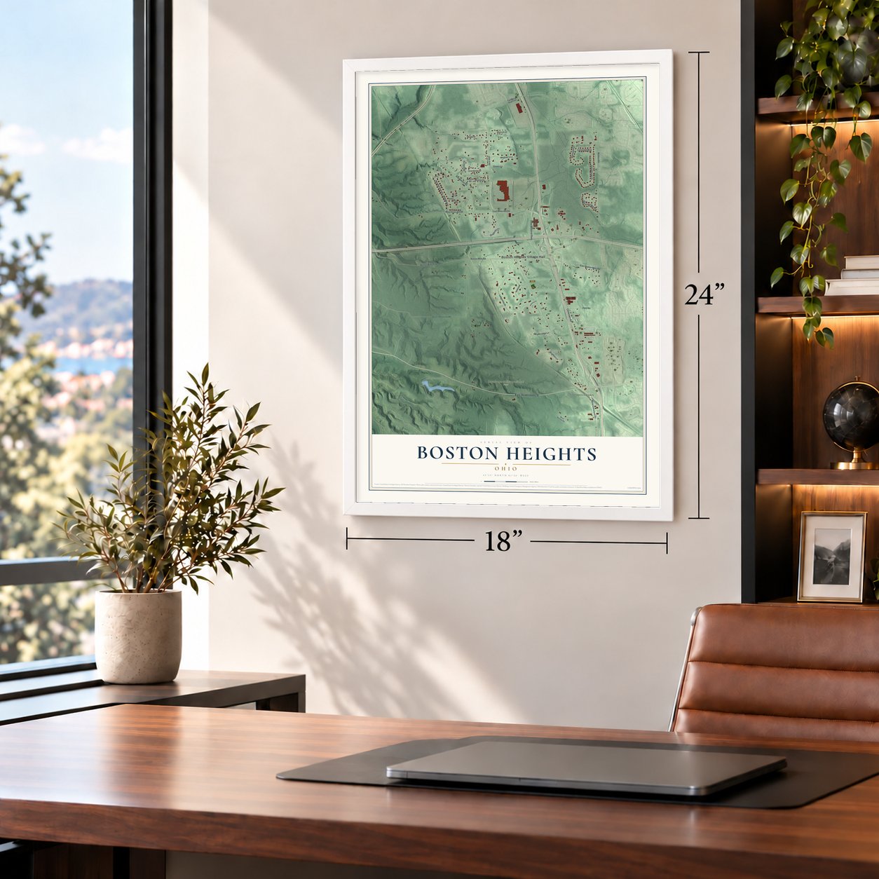 Boston Heights, Ohio map, 18 x 24 inch print in a white frame in a home office