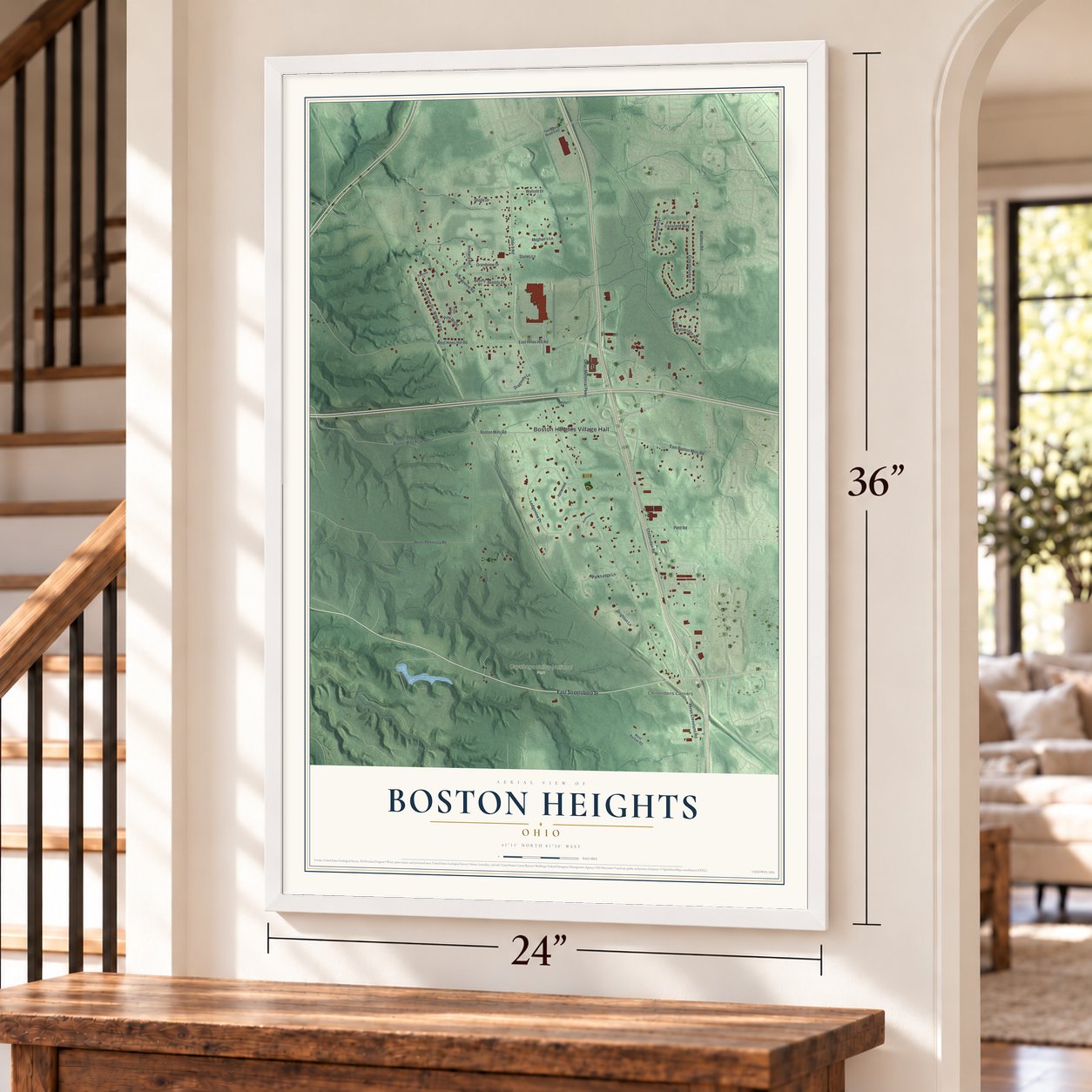 Boston Heights, Ohio map, 24 x 36 inch print in a white frame by a staircase