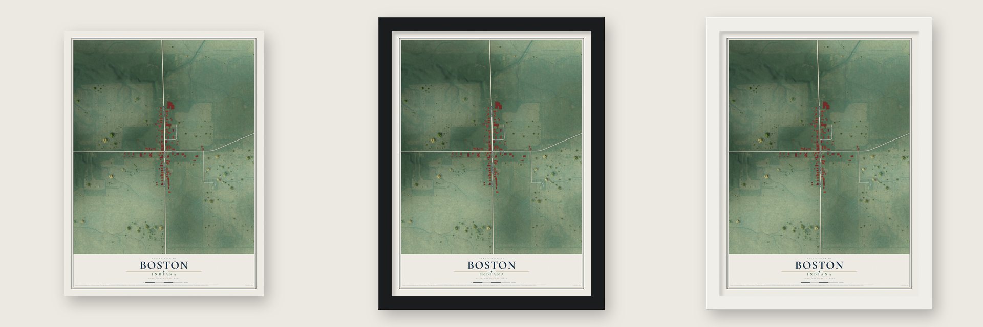 Boston, Indiana map unframed, in a black wood frame and in a white wood frame