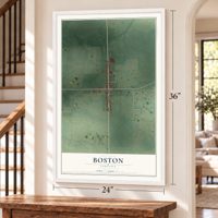 Boston, Indiana map, 24 x 36 inch print in a white frame by a staircase