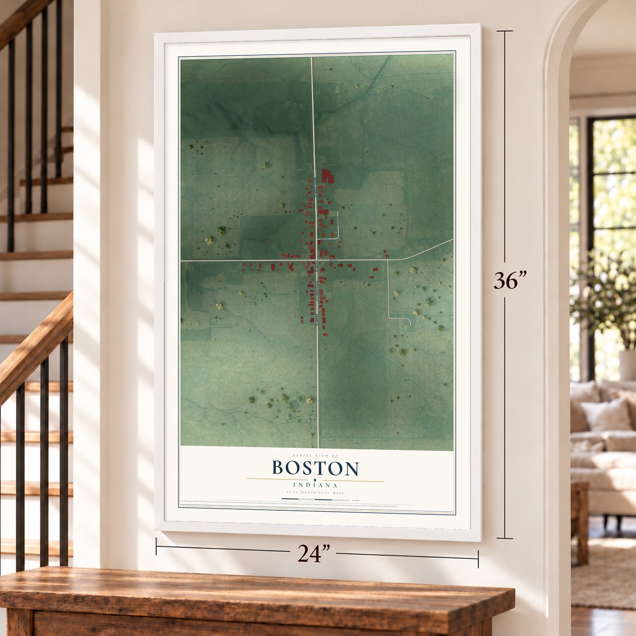 Boston, Indiana map, 24 x 36 inch print in a white frame by a staircase
