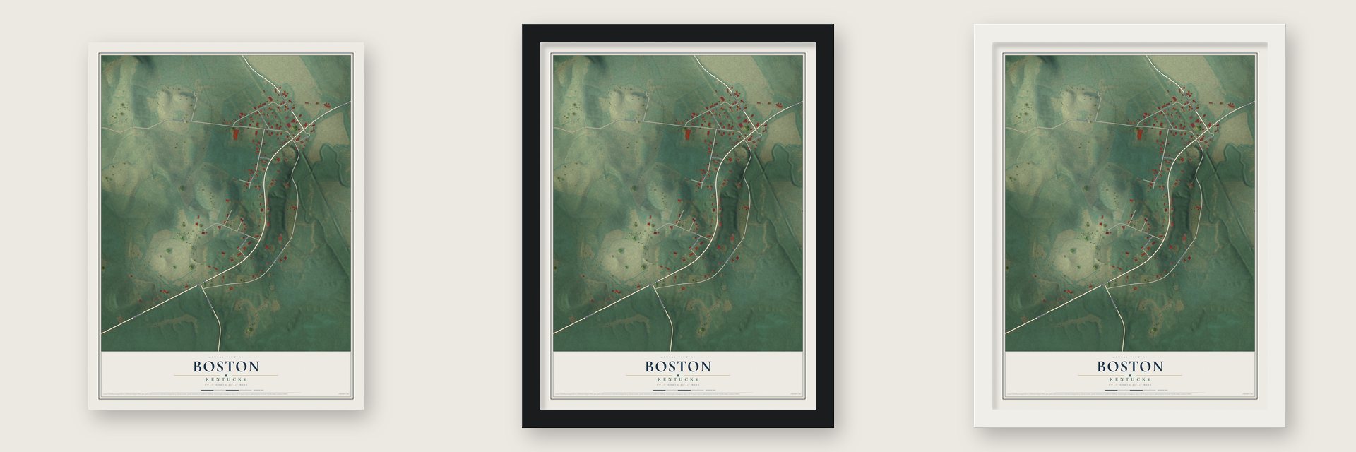 Boston, Kentucky map unframed, in a black wood frame and in a white wood frame