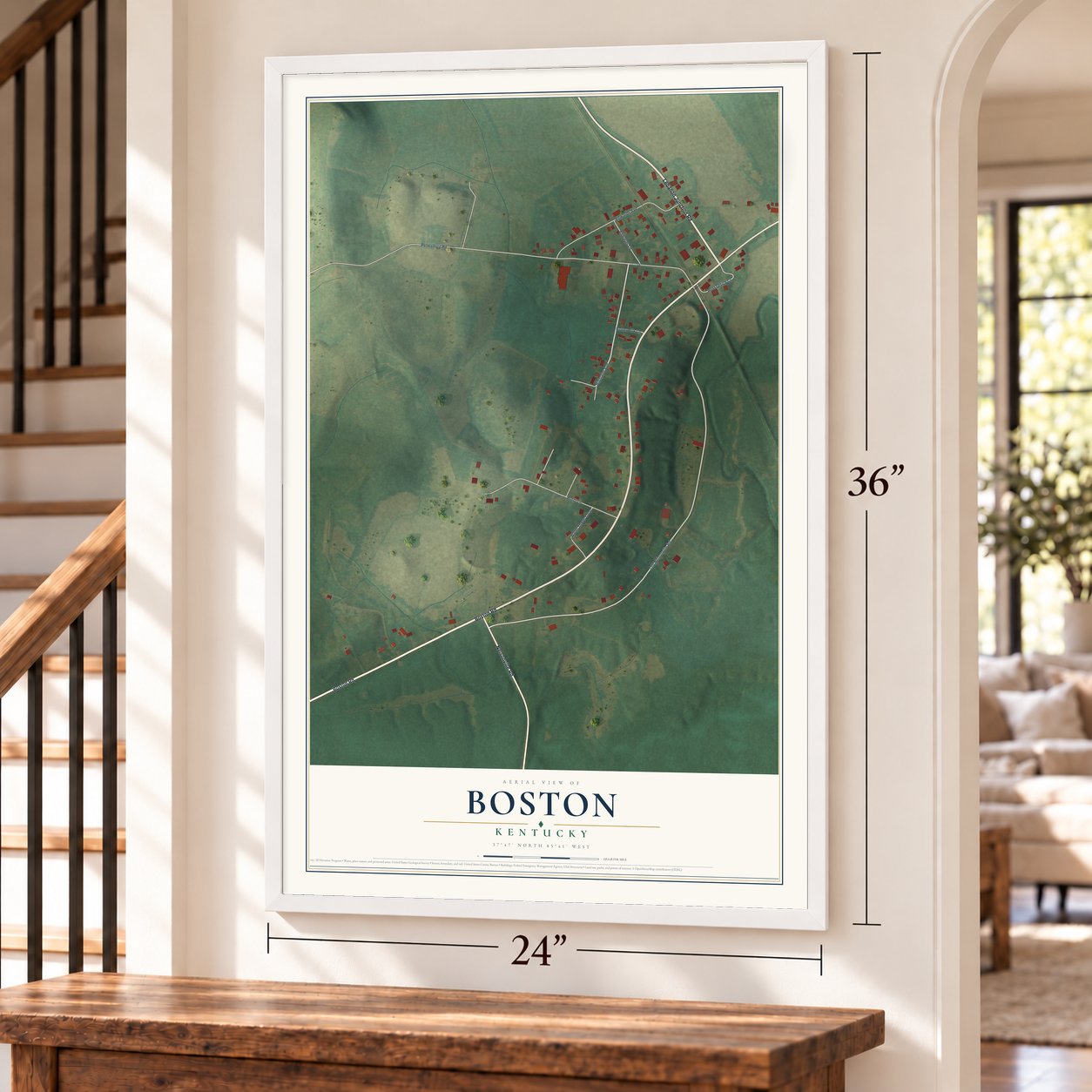 Boston, Kentucky map, 24 x 36 inch print in a white frame by a staircase