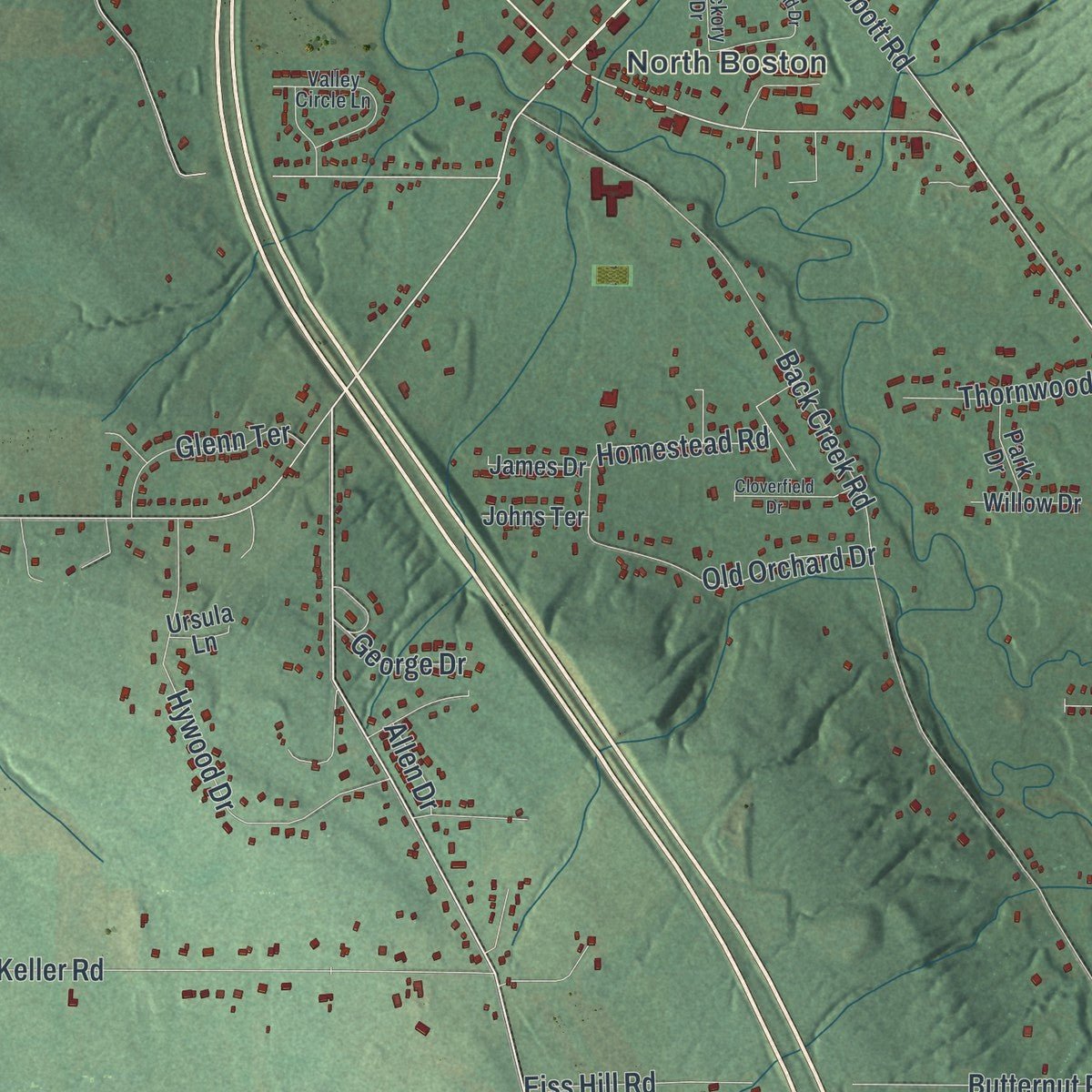 Second close-up of the map of Boston, New York print showing more streets and buildings