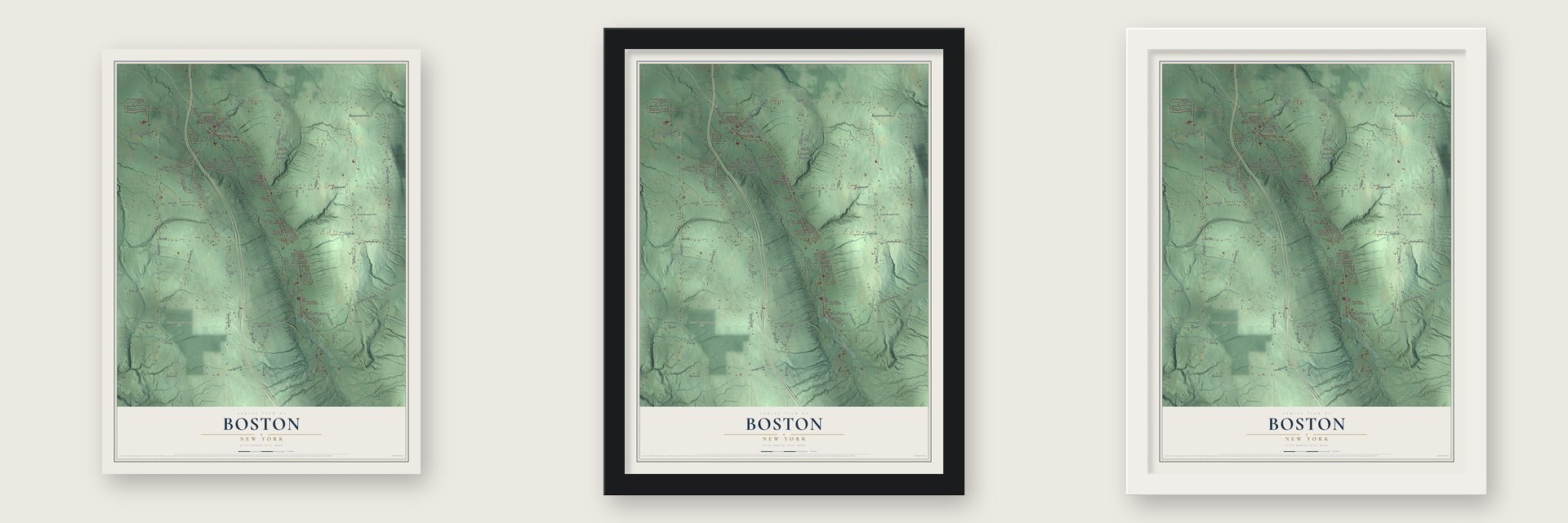 Boston, New York map unframed, in a black wood frame and in a white wood frame