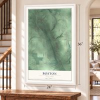 Boston, New York map, 24 x 36 inch print in a white frame by a staircase