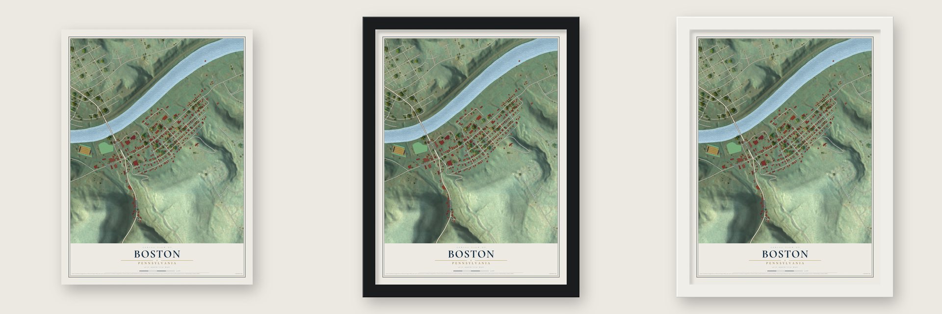 Boston, Pennsylvania map unframed, in a black wood frame and in a white wood frame