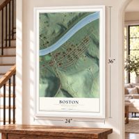 Boston, Pennsylvania map, 24 x 36 inch print in a white frame by a staircase