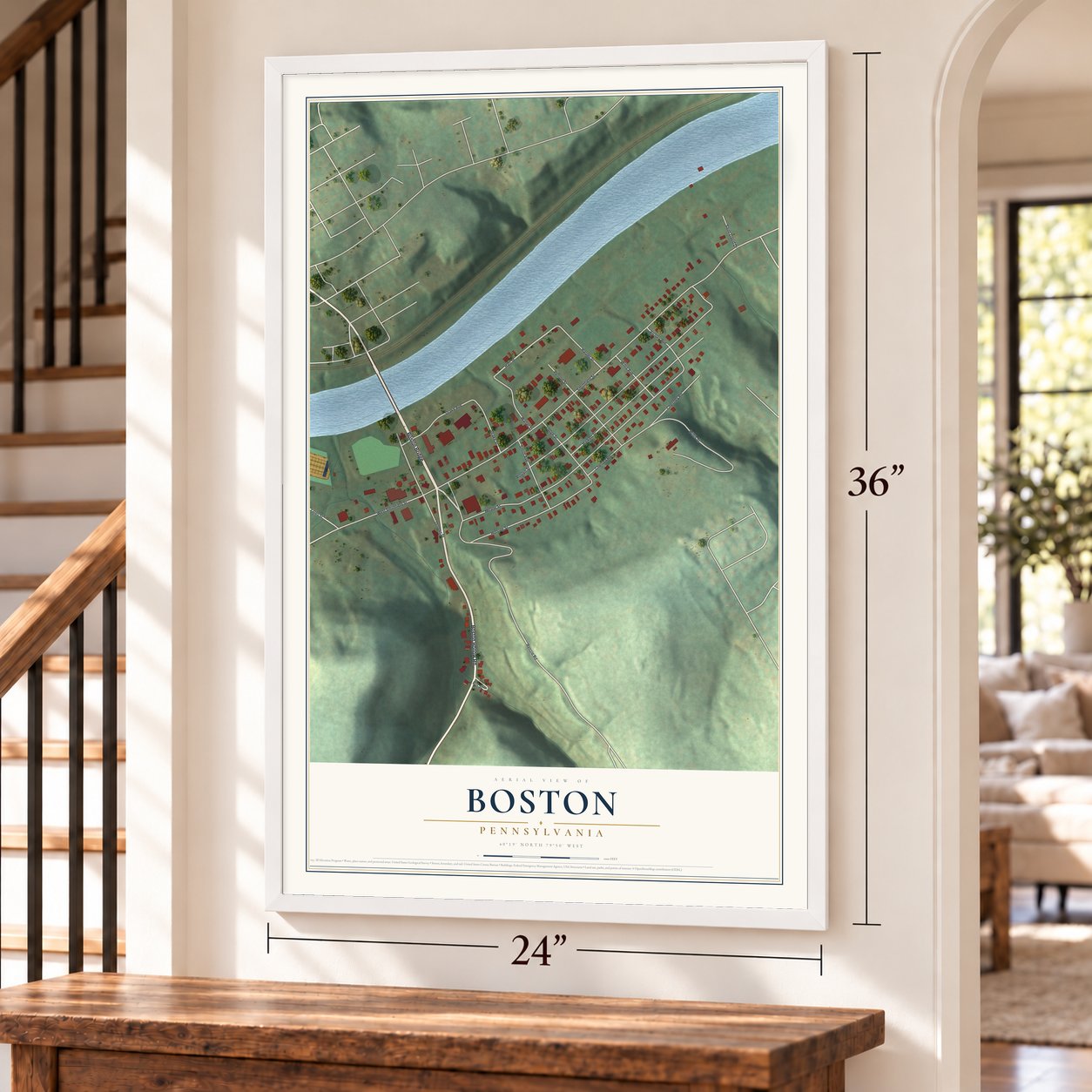 Boston, Pennsylvania map, 24 x 36 inch print in a white frame by a staircase