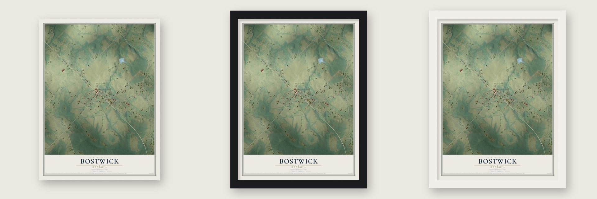 Bostwick, Georgia map unframed, in a black wood frame and in a white wood frame